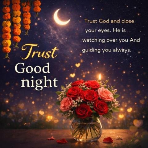 Good night image with moon, candle and roses