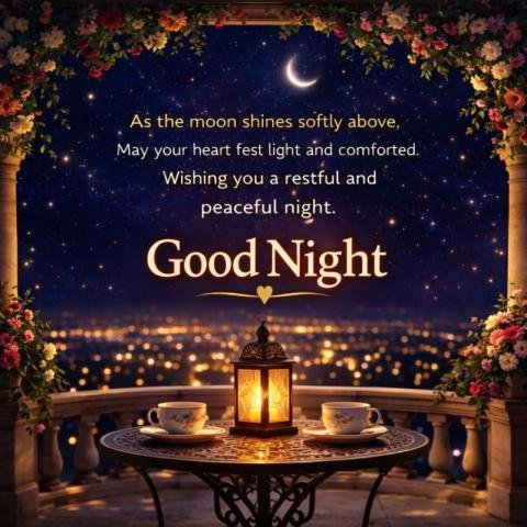 romantic good night balcony scene with lantern and moon