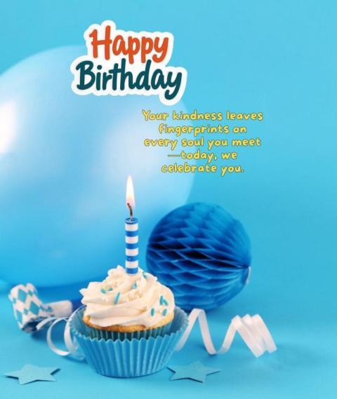 A birthday card with a blue background, a cupcake