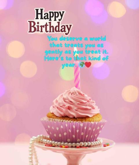A delightful Happy Birthday image featuring a pink frosted cupcake