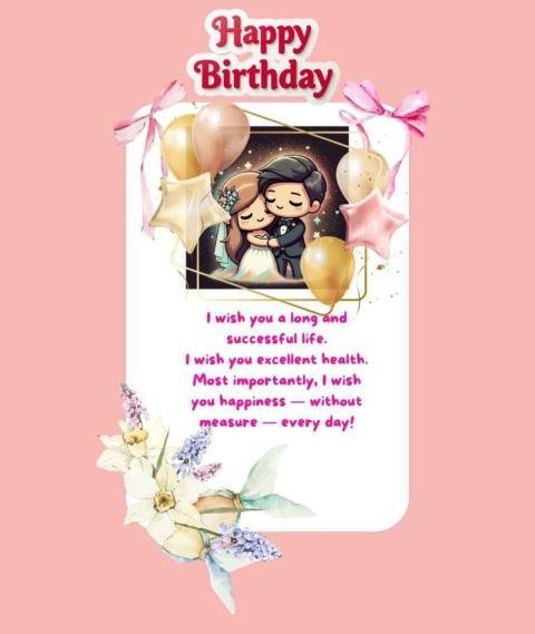 Beautiful Happy Birthday greeting card with romantic cartoon couple