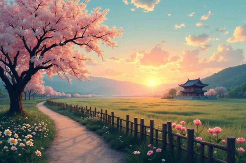 Beautiful cherry blossom landscape at sunrise