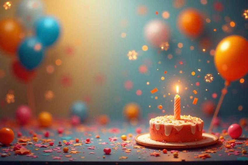 Colorful birthday celebration scene with a festive cake