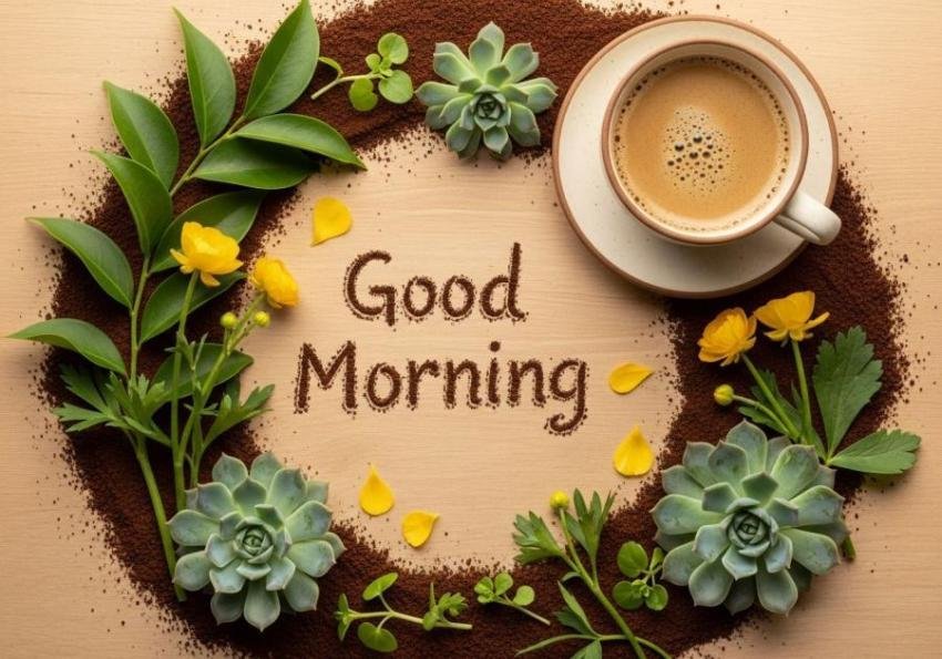 Good Morning Coffee Flat Lay with Greenery and Succulents – Calm Nature Aesthetic