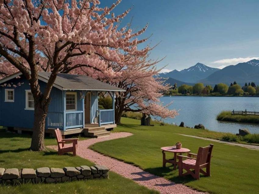 Lush green grass and cherry blossom trees wallpaper