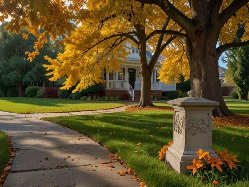 A stunning autumn house landscape featuring a cozy white home