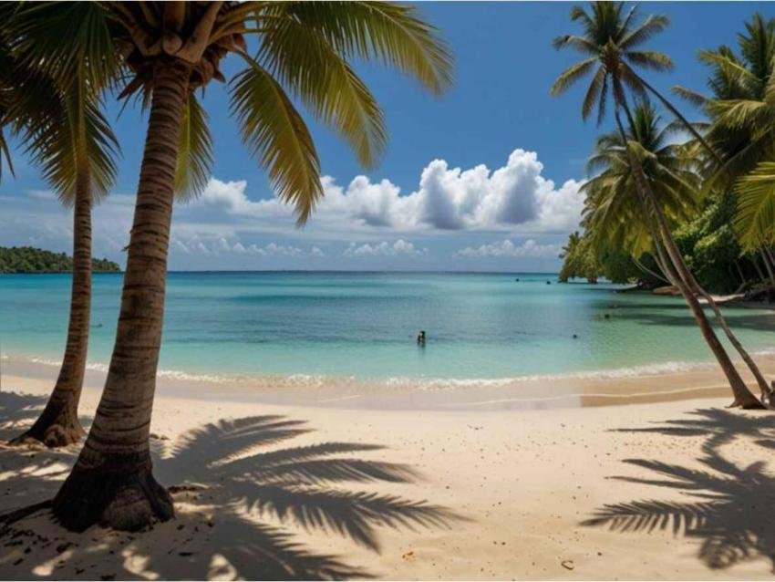 A stunning tropical beach with golden sand, turquoise blue water