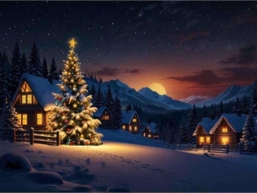 Beautiful snowy Christmas village at night