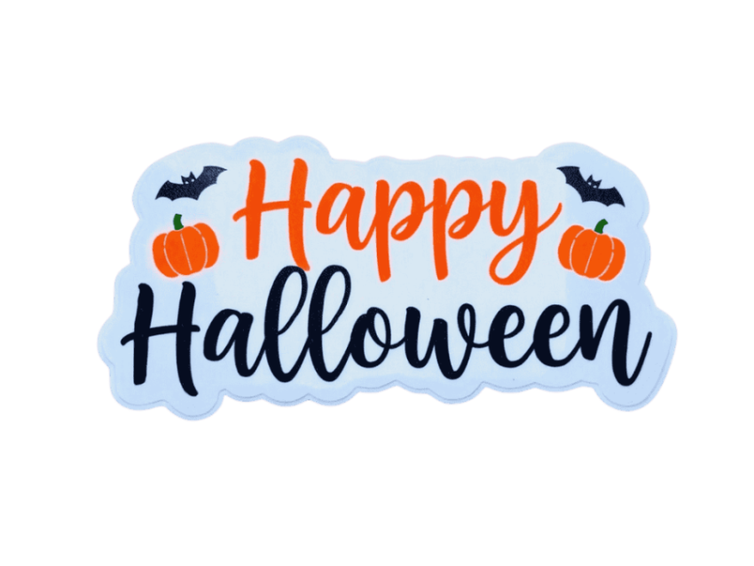 Festive Happy Halloween graphic with pumpkins, bats